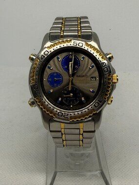 Seiko Sports 150 7T32-6C09 Men's 40mm Two-Tone Grey Blue Chrono Alarm Watch